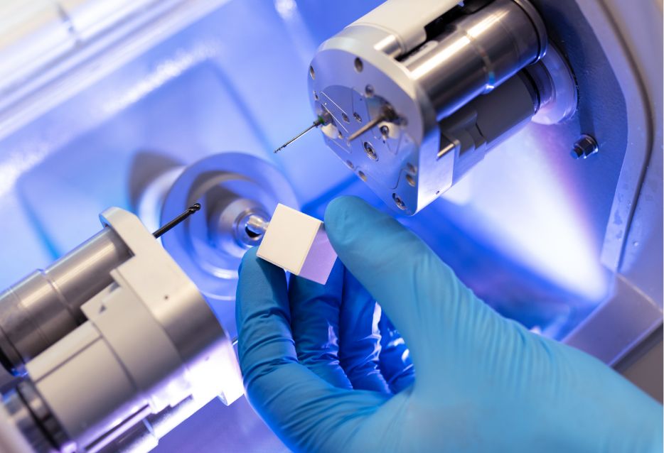 Endodontist placing a ceramic block in a same day dental crown machine